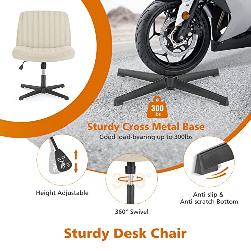 Sweetcrispy Criss Cross Chair, Armless Swivel Desk Chair No Wheels, Adjustable Height Wide Seat Vanity Chair, Computer Task Desk Seating for Home Bedroom, Beige