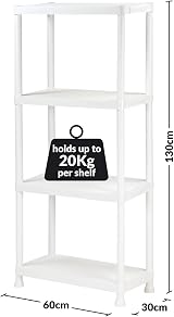 Taylor & Brown 4 Tier Heavy Duty White Plastic Garage Shelving Unit 60x30 cm view 7