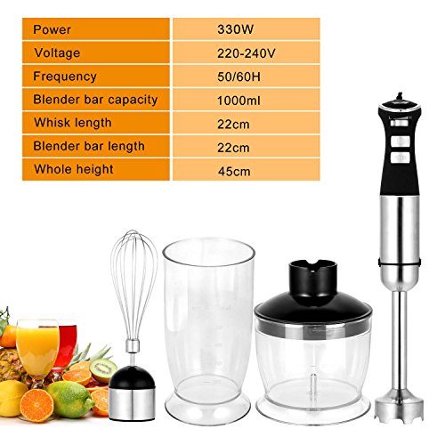 Hand Immersion Blender 5-Speed Control 330 Watt Stainless Steel 4-in-1 Multifunctional Mixer with Chopper, Whisk, Blender Jar, Beaker Attachment for Fruit Baby Food Sauce and Smoothies Black