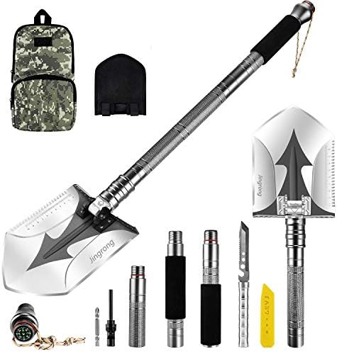 Jingrong Military Folding Survival Shovel,Camping Shovel,Survival Gear Portable Multitool and Tactical Waist Pack for Sand，Hiking,Backpacking,Trekking, Gardening,Fishing,Trenching, and Car Emergency
