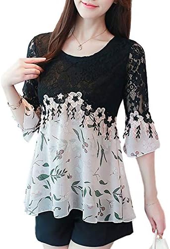 SansoiSan Women's Casual Crew Neck Plus Size Tops Lace Shirt Chiffon Blouse(S-5XL)