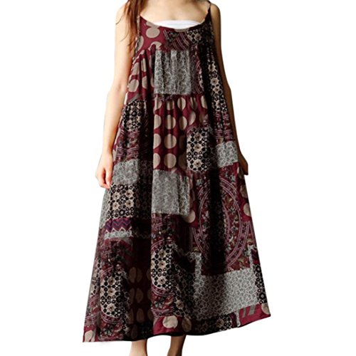 Muranba Plus Size Dress, Women Summer Sleeveless Print Linen Strappy Loose Boho Long Plus Size Dress (Red, S)