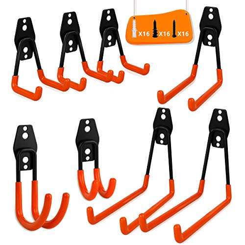 Garage Storage Utility Double Hooks, WOHOME 8-Pack Heavy Duty Wall Hooks for Organizing Power Tools, Ladders, Bulk Items, Bikes, Ropes and More