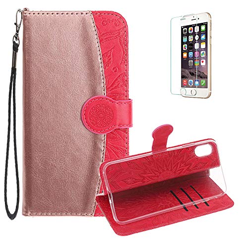 Funyye Magnetic Flip PU Leather Cover for iPhone Xs Max [Free Screen Protector],Luxury Frosted Splicing Soft Wallet with Credit Card Slots Stand Function Case for iPhone Xs Max,Rose Gold + Rose