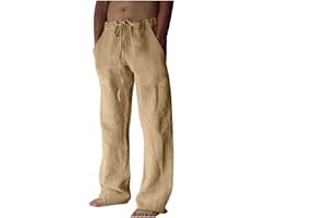 Dgoopd Men's Cotton Linen Pants Casual Elastic Waist Drawstring Pants Straight Leg Yoga Pants Lightweight Summer Beach Pants