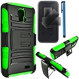 LG L31G / LG Access LTE Case Combo by ICE-CLEAR(TM)-HERCULES Dual- Layer Hard/Gel Hybrid Kickstand Armor Case w/ Holster (Black/Green)+Touch Screen Stylus