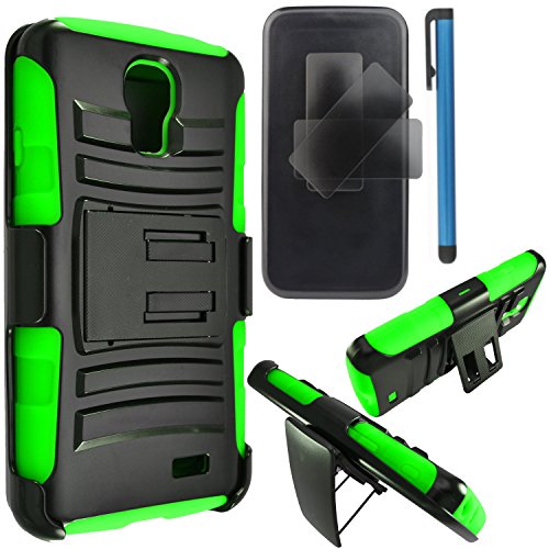 LG L31G / LG Access LTE Case Combo by ICE-CLEAR(TM)-HERCULES Dual- Layer Hard/Gel Hybrid Kickstand Armor Case w/ Holster (Black/Green)+Touch Screen Stylus