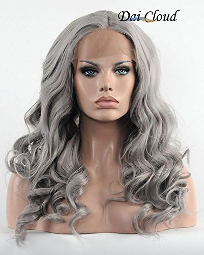 Dai Cloud Ash Gray Loose Wave Synthetic Lace Front Wig Middle Part Long Curly Heat Resistance Wigs for Women 23 Inches