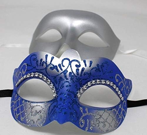 HIS N HERS PAIR OF CO-ORDINATED SILVER & BLUE COUPLES VENETIAN MASQUERADE CARNIVAL PARTY BALL EYE MASKS, Silver Blue, 8cm deep - Image 3