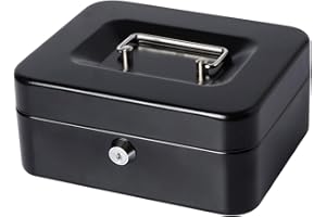 Small Cash Box with Money Tray and Lock, Lovndi Metal Money Box for Cash, Lockbox 7.87x 6.30x 3.54 Inches, Black