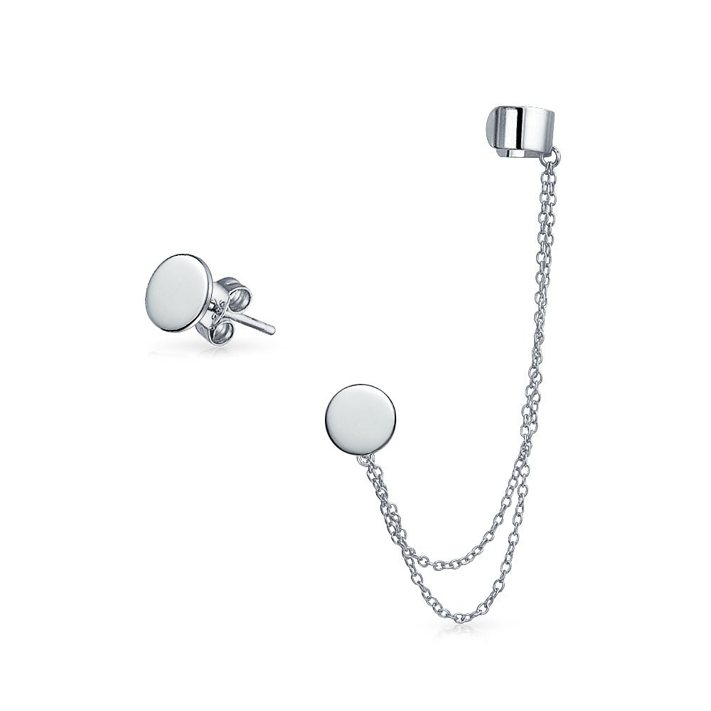 Personalized Initial Alphabet A-Z Circle Disc Double Chain Ear Lobe Cartilage Earring Clip On Helix Linear Long Chain Band Wrap Ear Cuff Stud Earring Set .925 Sterling Silver — image 1