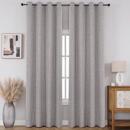 CUCRAF 100% Total Blackout Curtains 96 Length for Window Treatment, Faux Linen Thermal Insulated Grommet Drapes for Bedroom/Living Room, Set of 2 Curtain Panels(Light Grey, 52 x 96 inches)