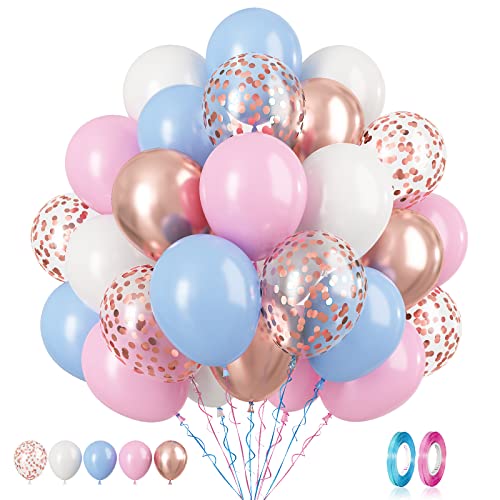 60PCS Pastel Pink & Blue Balloons Set, Metallic Rose Gold Confetti, Macaron Latex Balloons for Boy/Girl Baby Shower, Wedding & Gender Reveal Decorations
