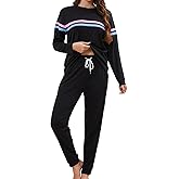 YAHESHION Womens Pajamas Sets Contrast Color Crewneck Long Sleeve Tops with Striped Pullover and Long Pants with Pockets