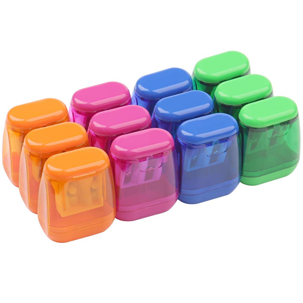 kuou 12 pcs Pencil Sharpener, Dual Holes Sharpener with Lid Colored Plastic Manual Pencil Sharpeners for Office Home Supply