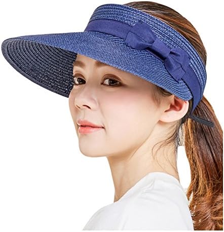 ONCEFIRST Women's Foldable Straw Sun Visor Cute Bowtie Caps UV Protection Thin Hat Floppy Navy Blue