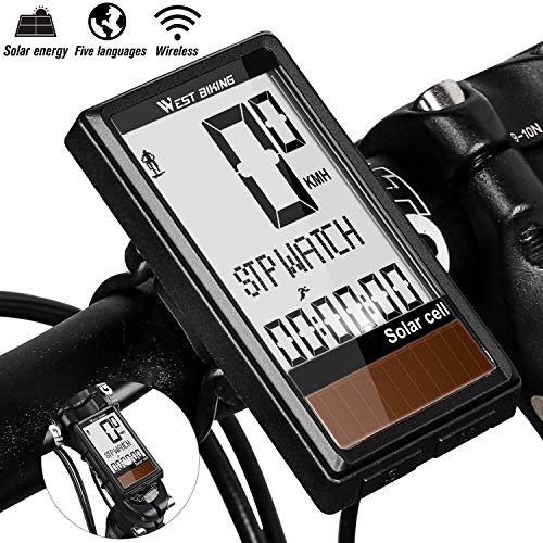 Bike Computer Solar Energy 5 Languages Display, Wireless Waterproof Cycling Speedometer A/B Bicycle Recording, Automatic Wake-up Multi-Functions Cycle Odometer with LCD Backlight, Cycling Accessories