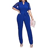 Oxgmoky Women's Jumpsuits Elegant Business V Neck Zipper Long Sleeve Sexy Strap Straight Long Pants Rompers With Pockets