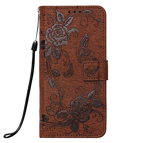 Funyye Wrist Strap Leather Cover for Samsung Galaxy S10,Brown Magnetic Flip Butterfly Embossing Flower Pattern Folio Wallet Case with Stand Credit Card Holder Slots Case for Samsung Galaxy S10