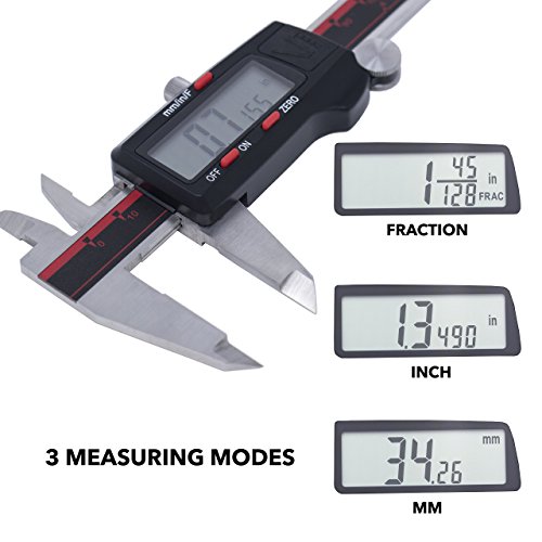 VINCA DCLA-0605 Quality Electronic Digital Vernier Caliper Inch/Metric/Fractions Conversion 0-6 Inch/150 mm Stainless Steel Body Red/Black Extra Large LCD Screen Auto Off Featured Measuring Tool (Cert