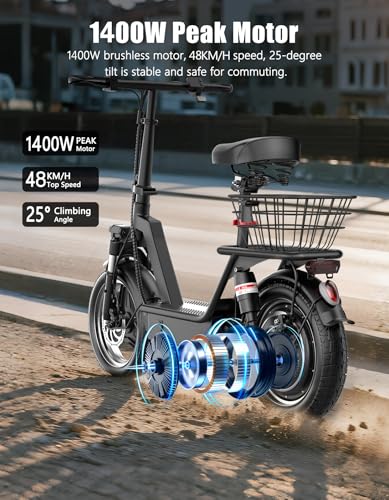 1400W Peak Motor Electric Scooter for Adults, 65 KM of Range Scooter with Seat, 48KM/H Top Speed, 48V Battery, Dual Suspension, Foldable E Scooter for Cargo, Commuting
