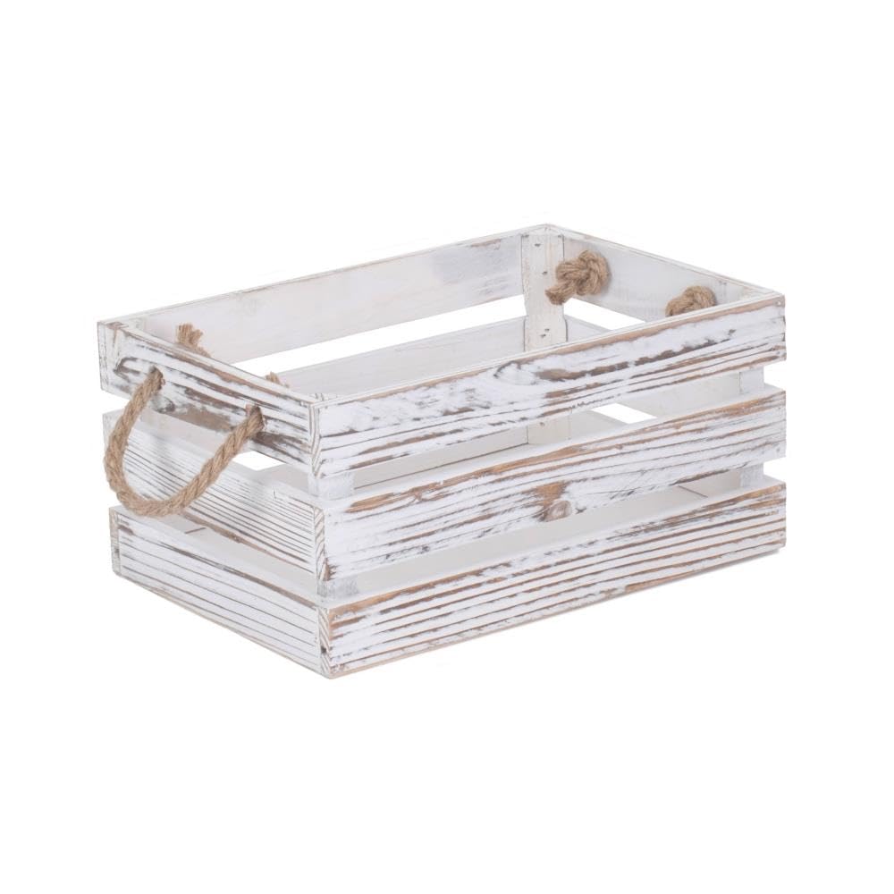 Red Hamper Small Distressed White Rope Handled Wooden Crate, Brown