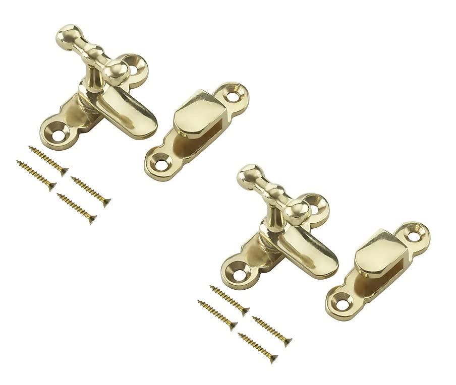 TERF® Showcase Type Catch Polished Brass 40mm Door Turn Catches Cupboard Cabinet Wardrobe Latch Catch Lock Gate Shed Door Rabbit Hutch Thumb Turn Button with Fixing Screw - Pack of 2