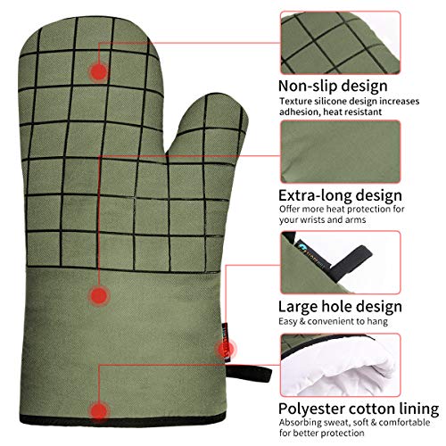 Slopehill Oven Mitts and Pot Holders, Heat Resistant Kitchen Bake Gloves Safe Trivet Mats 4 Pieces, Soft Cotton Lining with Non-Slip Surface for Cooking, Baking, Grilling, Barbecue (Green)