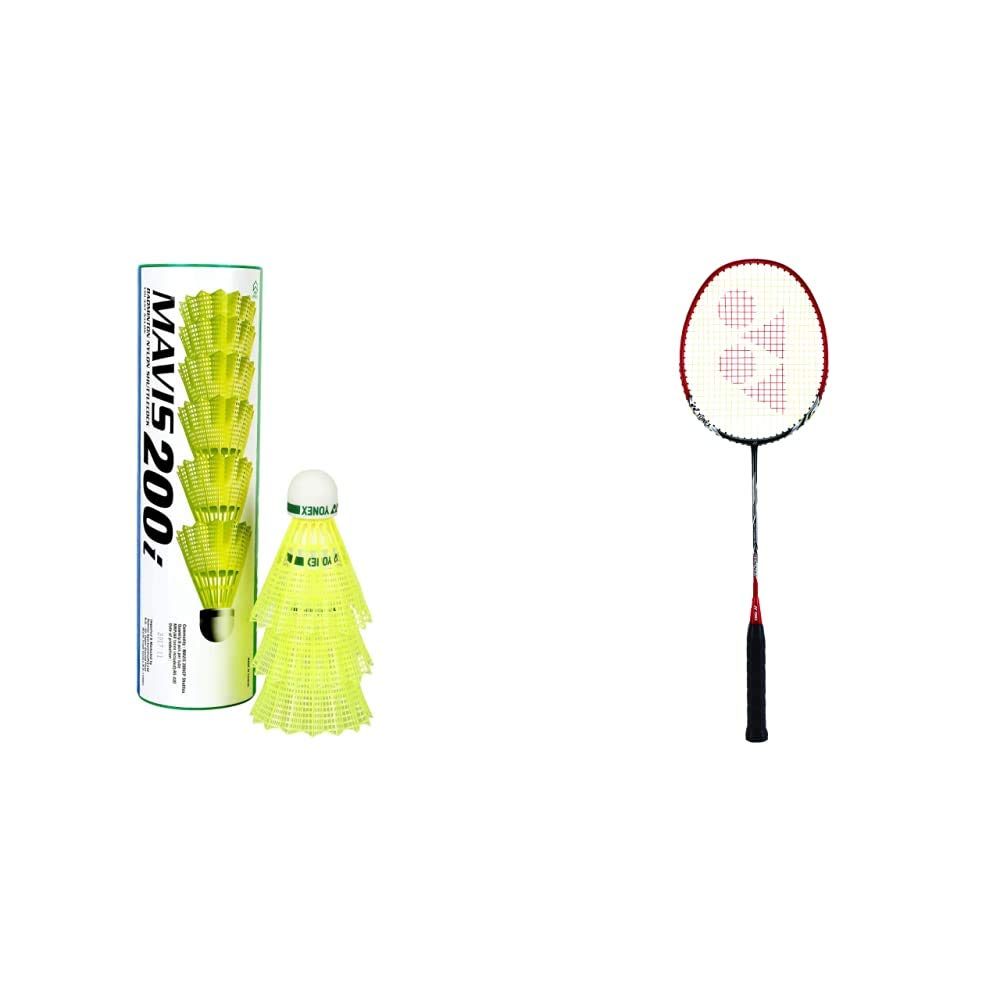 YONEX Mavis 200i Synthetic Cork Base and Nylon Skirt Shuttle Cock, Pack of 6 (Yellow) & Yonex Nanoray 6000I G4-U Aluminum Badminton Racquet with Free Full Cover - Red
