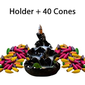 Ivenf Ceramic Censer, Backflow Variety Mixed Aromatherapy Incense Cones and Holder/Burner Set, Appox. 40 Cones(8 Kinds Assorted) & 1 Holder