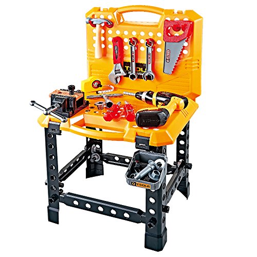 Toy Choi's 100 Pieces kids Power Workbench with Realistic Tools and Electric Drill, STEM Kids Building Construction Tools Set