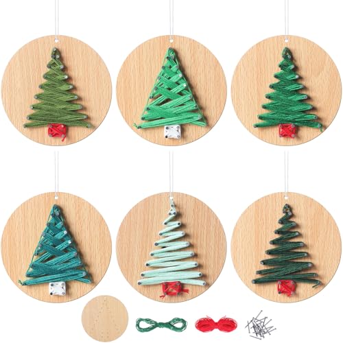 Jetec 6 Pcs Christmas Tree String Art Kit DIY Wood Xmas Tree Ornaments Crafts with Planks Nails Wire for Holiday Handmade Adults Employee Christmas Gift for Large Event Wall Decor