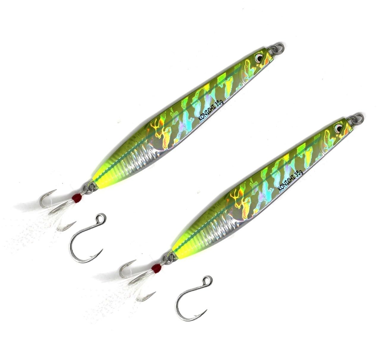 FISHZONE - 10 Pack 2 x KONICHI RIP RIDER Long Cast Fishing Lures - 9cm / 20g - Dressed Marine Mylar Treble & In-line 3/0 Hook (4 Colours Designs) For Predatory Fishing (Green Silver)