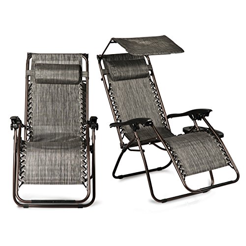 Belleze Zero Gravity Chairs + Canopy Gray Lounge Patio Chairs Outdoor w/ Tray (Set of 2)