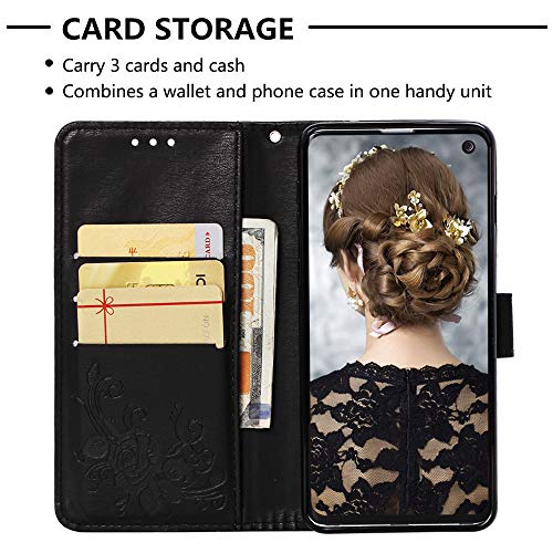 Funyye Wrist Strap Leather Cover for Samsung Galaxy S10,Black Magnetic Flip Butterfly Embossing Flower Pattern Folio Wallet Case with Stand Credit Card Holder Slots Case for Samsung Galaxy S10