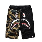 Shark Pattern Camouflage Stitching Shorts Men Drawstring Black Sports Shorts