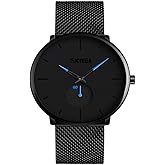 Gosasa Mens Watches Ultra Thin Wrist Watches for Men Minimalist Waterproof Quartz Analog Stainless Steel Mesh Band Watch (Blue)