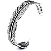 EENSYWEENSY Stainless Steel Feather Bangle, Vintage Leaf Feather Cuff Bracelet for Men Women
