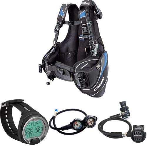 Cressi Travel Light Buoyancy Compensators - Black/Blue, Medium with Leonardo Dive Computer + 2 Compass and Pressure Gauge Bar Diving Console + MC 9 Compact Din 300 Scuba Regulators - Metallic/Grey