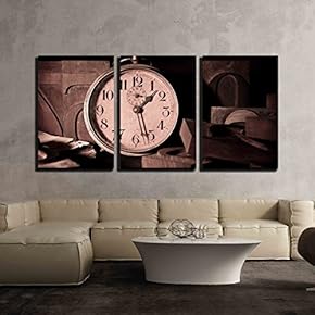 3 Piece Canvas Wall Art - Old Clock in a Printing - Modern Home Art Stretched and Framed Ready to Hang - 16"x24"x3 Panels