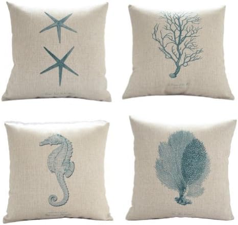 Fashiontopdearls House Decor Dolpind Cotton and Flax Ocean Park Theme Decorative Pillow Cover Case 18*18 inches Square Shape-ocean-beach-sea-print-blue-starfish-seahorse-voyage (Four Style)