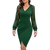 IHOT Women's Deep V Neck Mesh Long Sleeve Ruched Bodycon Party Cocktail Dress