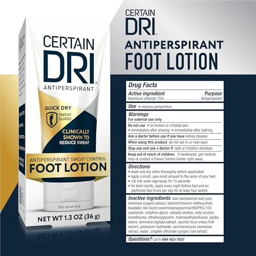 Certain Dri Antiperspirant Foot Lotion, 24-Hour Sweat & Odor Protection, Quick-Drying & Non-Sticky Formula, Dermatologist-Tested, Doctor-Recommended, 1.3 oz
