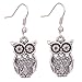 Tibetan Silver antique latticed pattern owl Ear Wire Hook Dangle Earrings