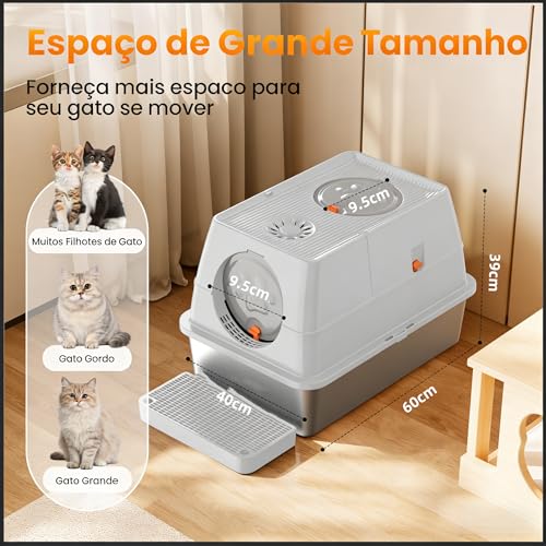 Caixa de areia de aço inoxidável com tampa, caixa de areia XL extragrande, caixa de metal fechada com entrada frontal e superior, com degraus e pá, fácil de limpar