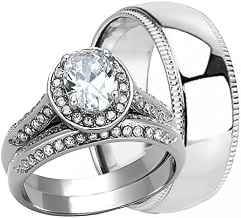Wedding rings set His and Hers Mens Beveled Edges TITANIUM &amp; Womens STAINLESS STEEL Matching Engagement Bridal Rings set