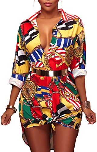 Women Button Down Collar Dashiki Floral Long Shirt Blouse Mini Dress Top