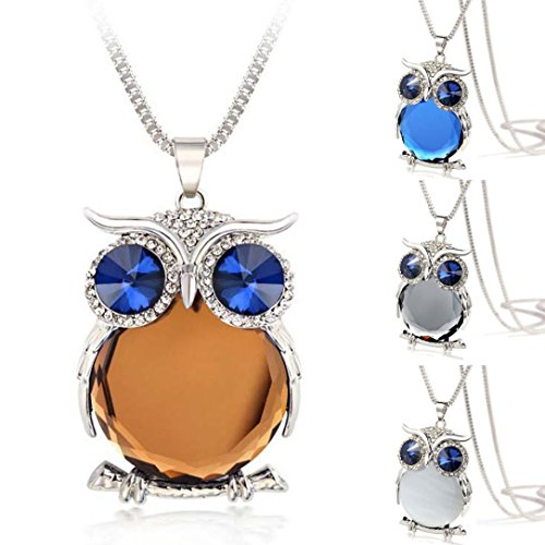 TOPUNDER Women Owl Pendant Diamond Sweater Chain Long Necklace Jewelry