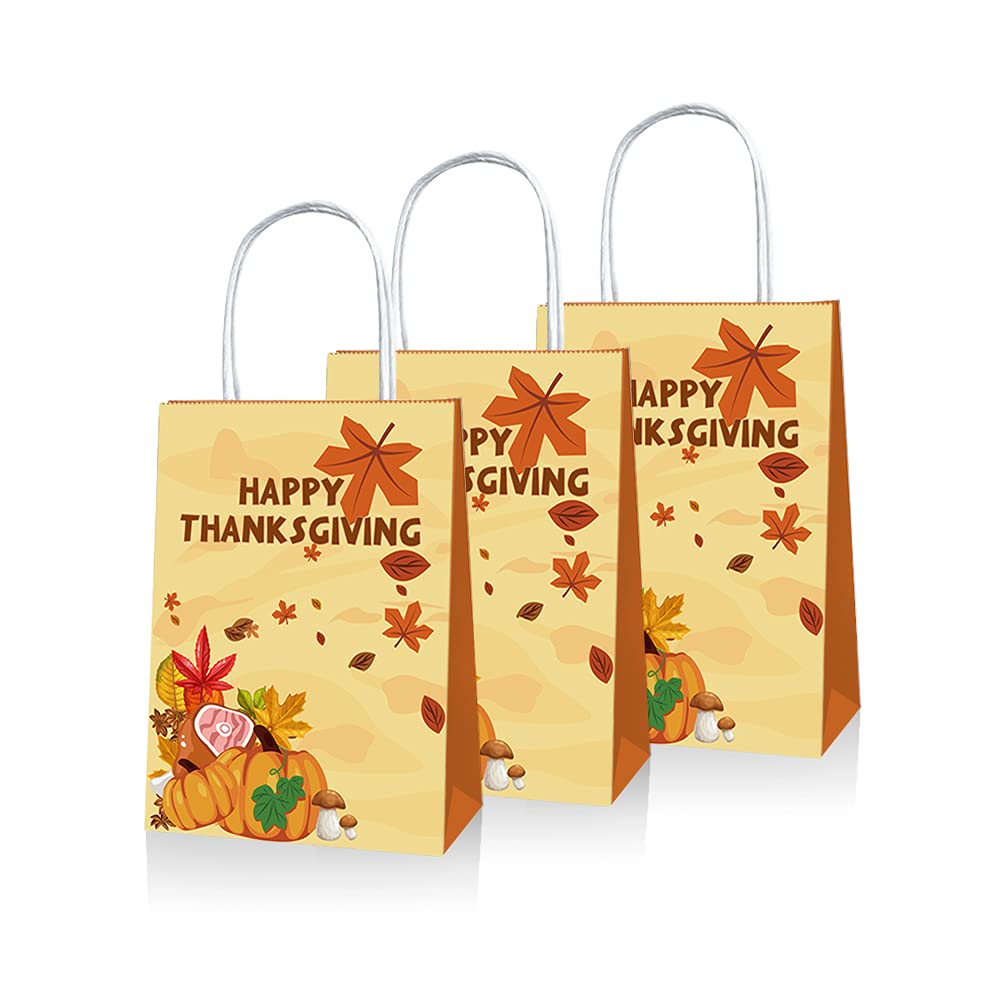 Thanksgiving Favor Treat Bags - 12 Pack Autumn Fall Leaves Pattern Kraft Paper Bags in Yellow and Red for Thanksgiving Gathering Dinner Celebration Party - 8.27" x 6.3" x 3.15" inches