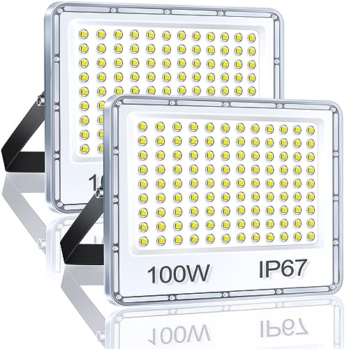 YIQIBRO 100W LED Outdoor Spotlights 2 Pieces, 10000LM 6500K Super Bright Cool White Outdoor LED Lights, IP67 Waterproof Projector for Garden, Terrace, Garage, Warehouse, Factory, Workshop